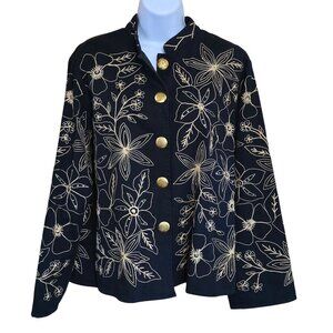 Vintage Floral Embroidered Jacket Large Navy Gold Button-Up academia old money